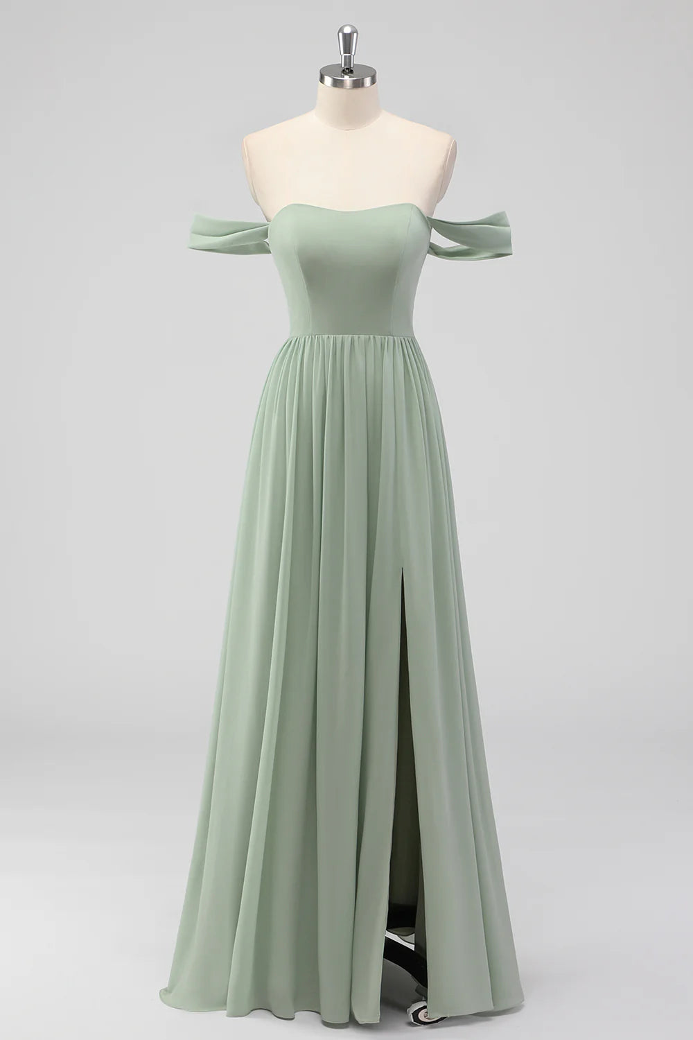 Sage Green A Line Off The Shoulder Ruched Chiffon Long Bridesmaid Dress with Slit