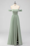 Sage Green A Line Off The Shoulder Ruched Chiffon Long Bridesmaid Dress with Slit