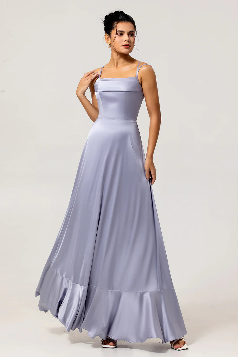 Dusty Blue A Line Spaghetti Straps Satin Long Bridesmaid Dress with Lace Up Back