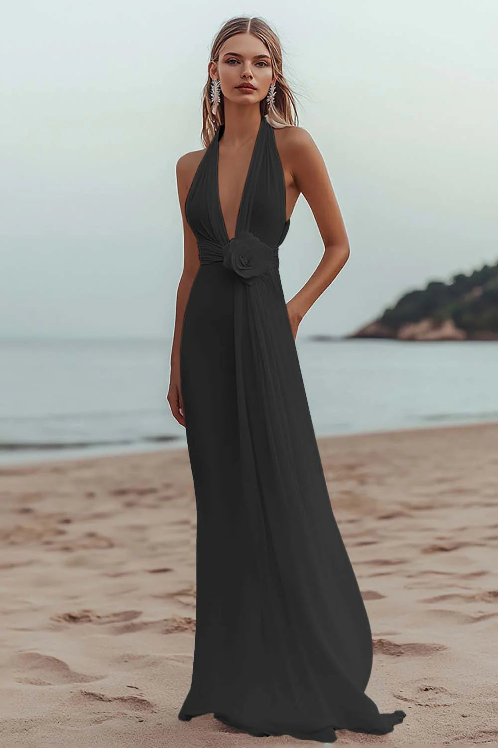 White A Line V Neck Engagement Dress With 3D Flowers