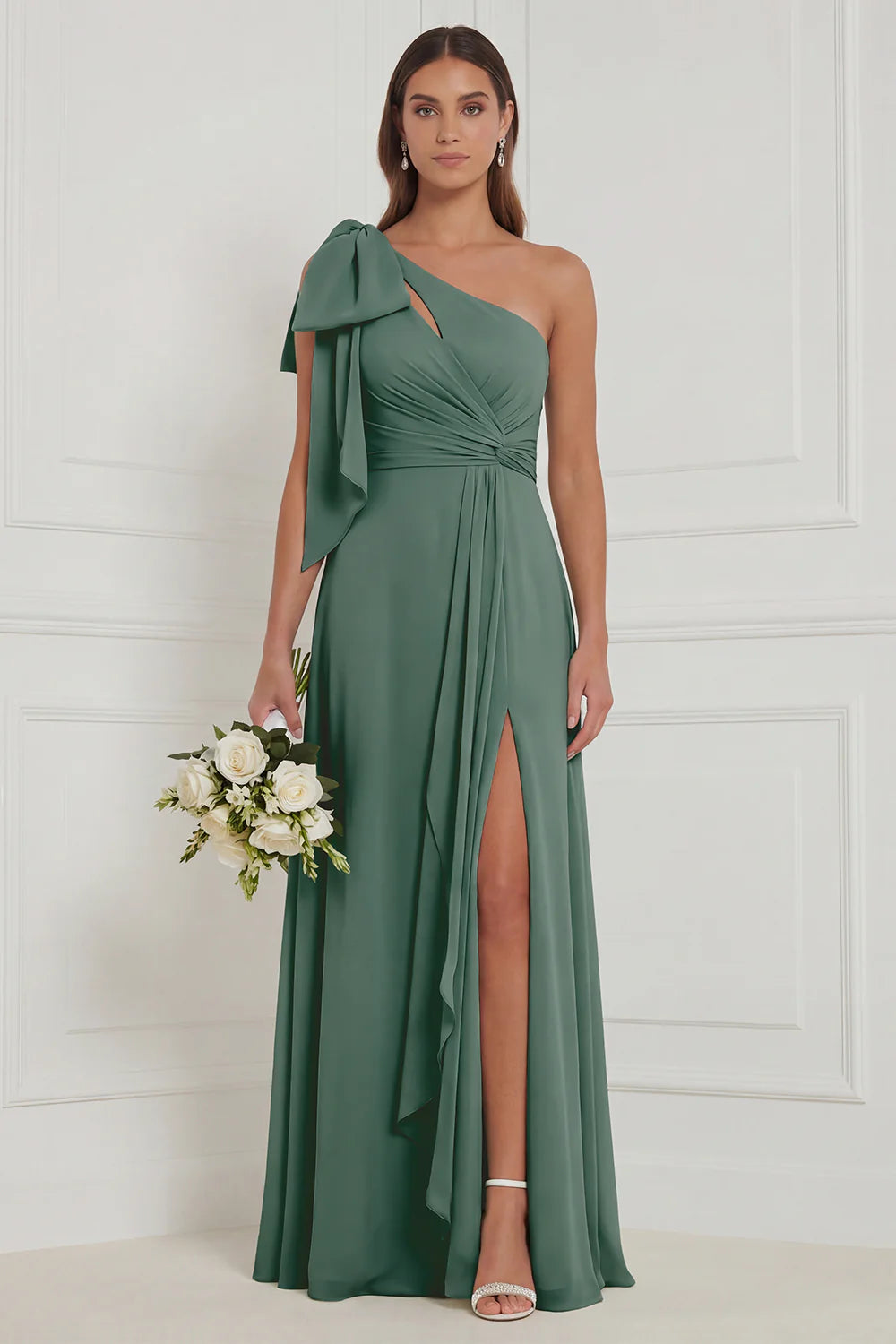 Sage A Line One Shoulder Long Bridesmaid Dress with Slit