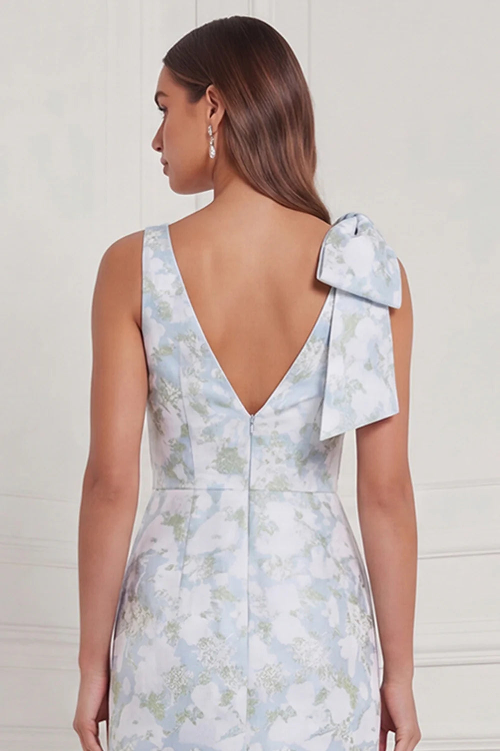 Blue White Flower V Neck Mermaid Bridesmaid Dress with Slit