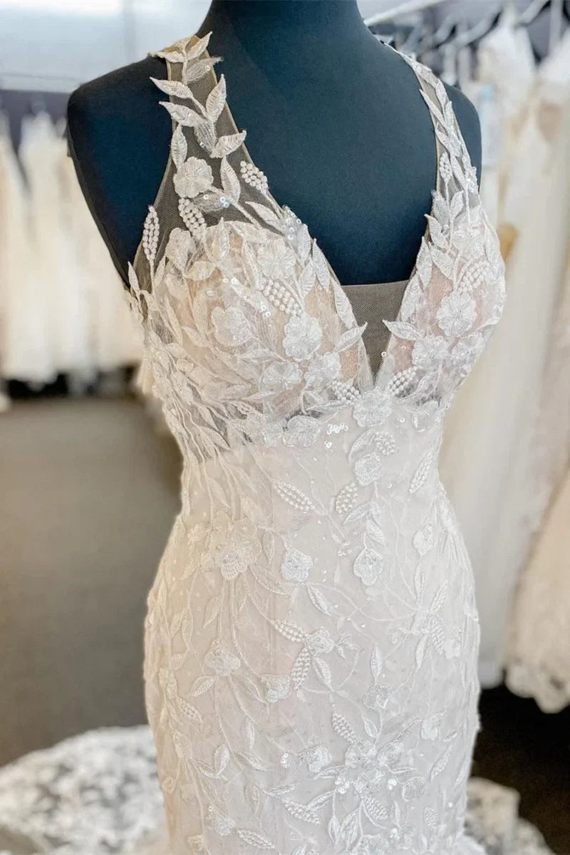 Halter Appliqued White Nude Mermaid Lace Wedding Dress