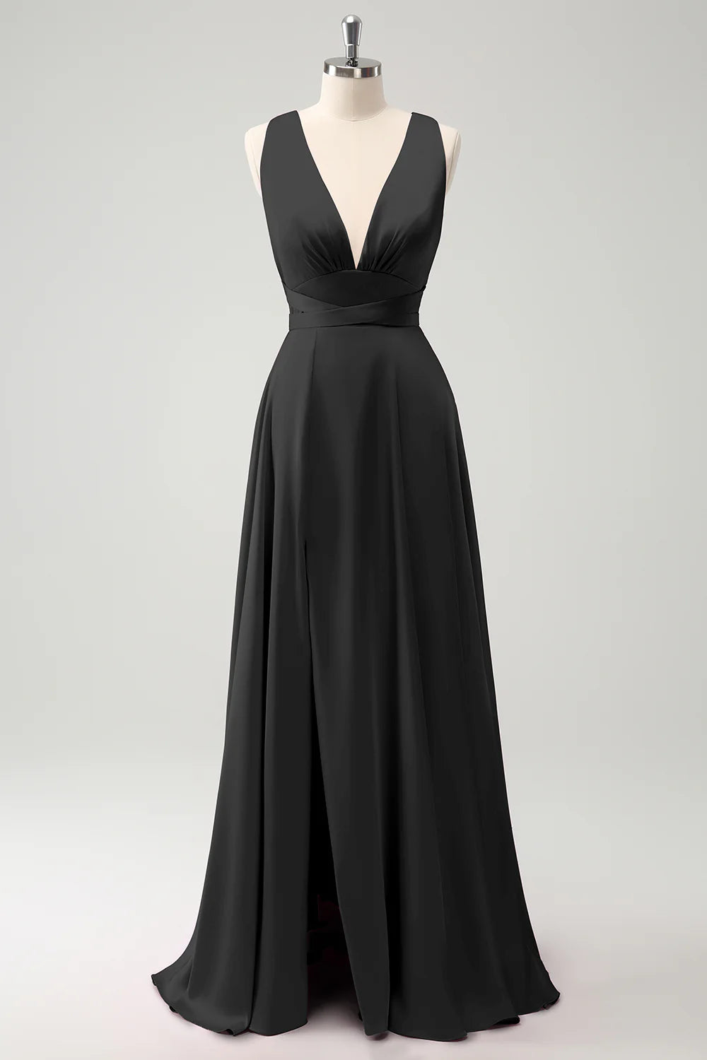 Burgundy A Line Deep V Neck Backless Long Bridesmaid Dress with Slit