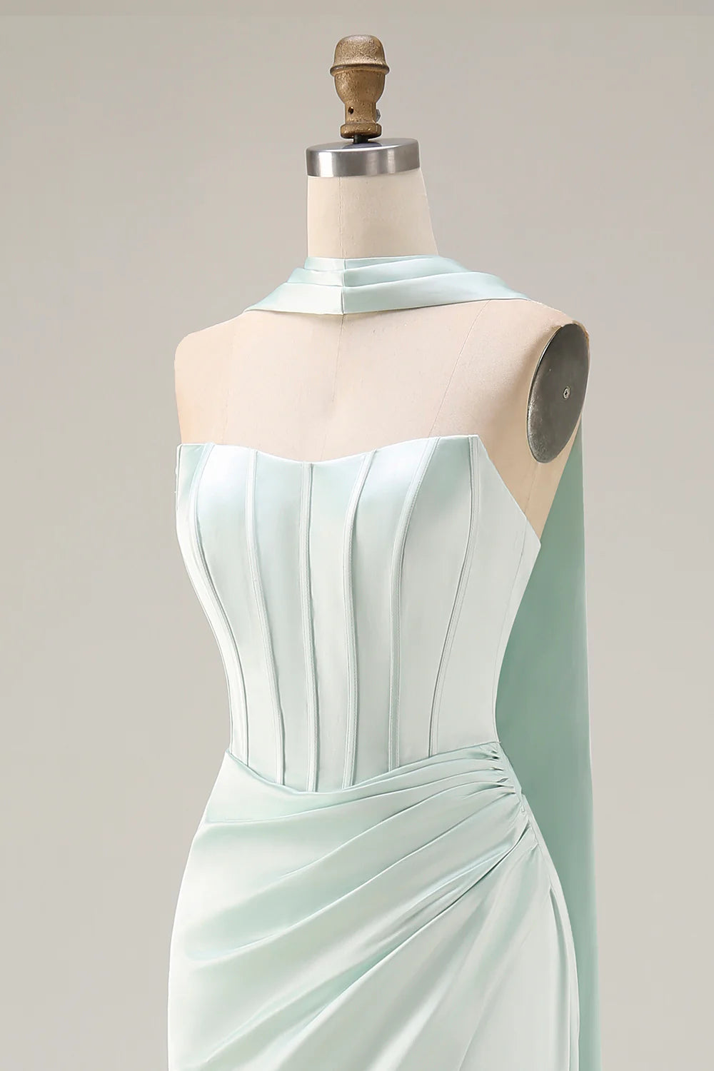 Light Green Strapless Mermaid Corset Ruched Long Prom Dress with Streamer
