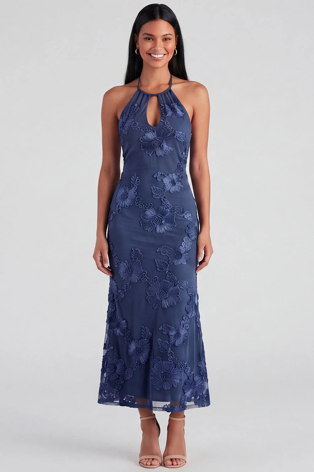 Halter Yellow Keyhole Mermaid Wedding Guest Dress with Appliques