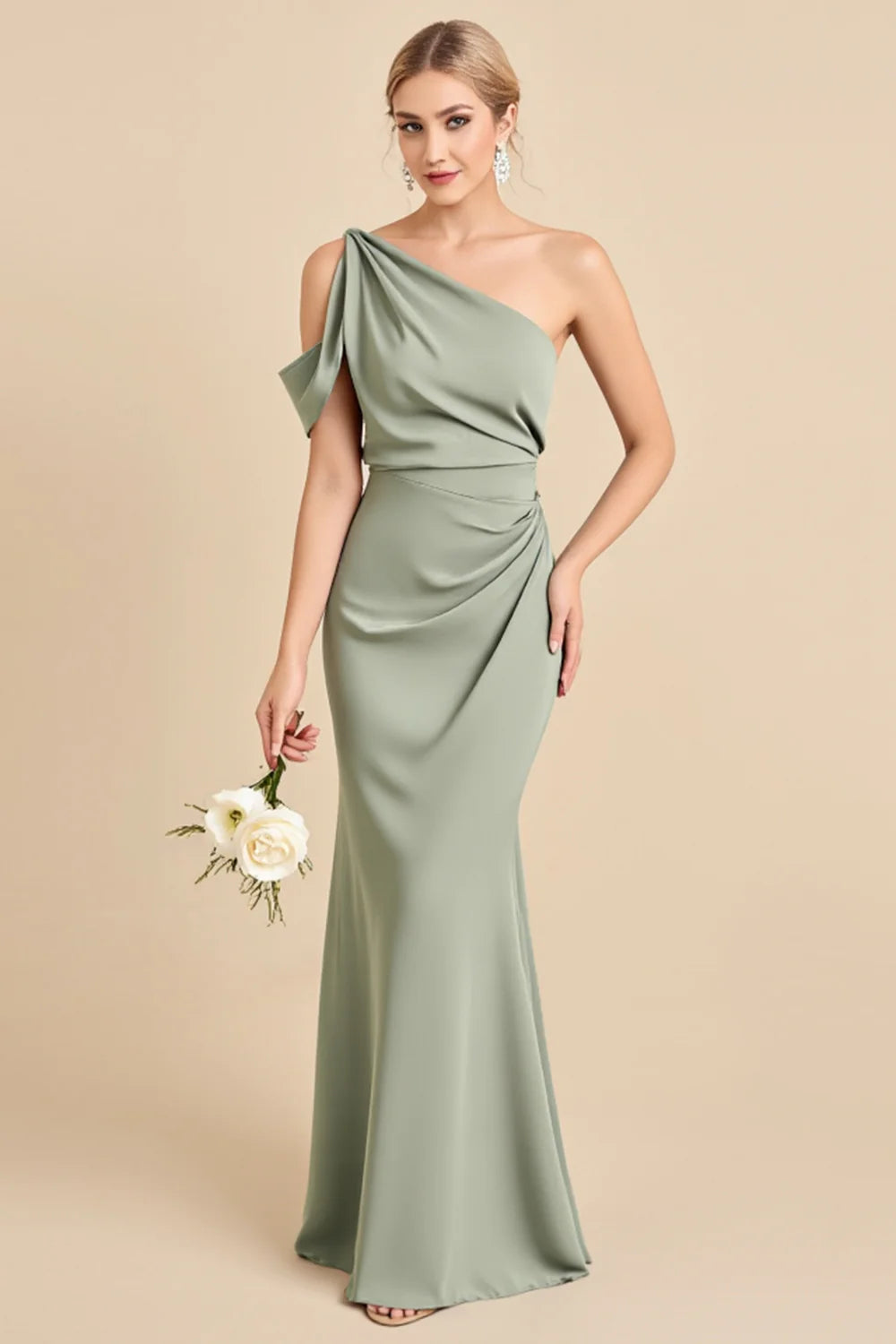 Matcha Sheath One Shoulder Chiffon Ruched Bridesmaid Dress