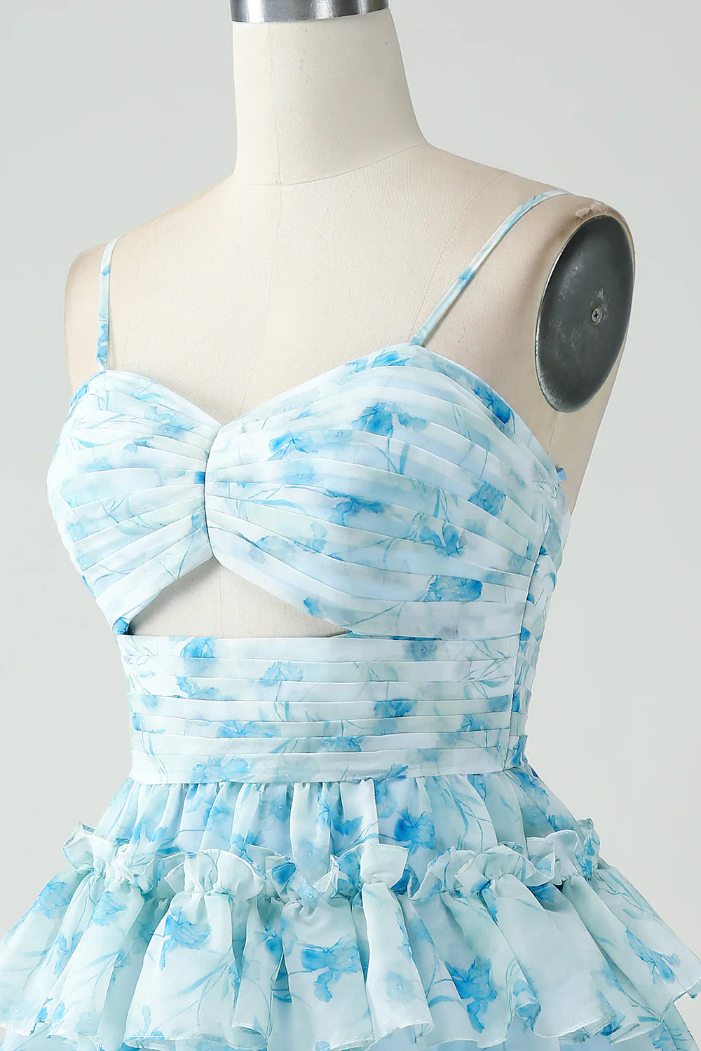 Blue Flower A Line Tiered Pleated Cut Out Short Homecoming Dress