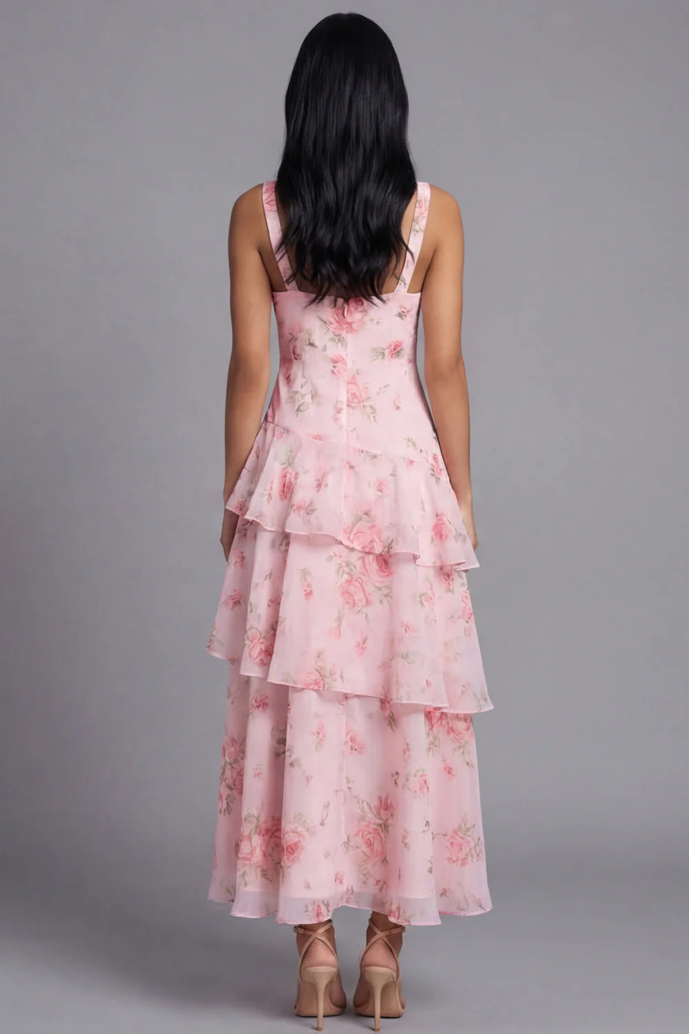 Floral Pink Tiered A Line V Neck Wedding Guest Dress