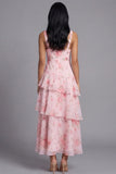 Floral Pink Tiered A Line V Neck Wedding Guest Dress