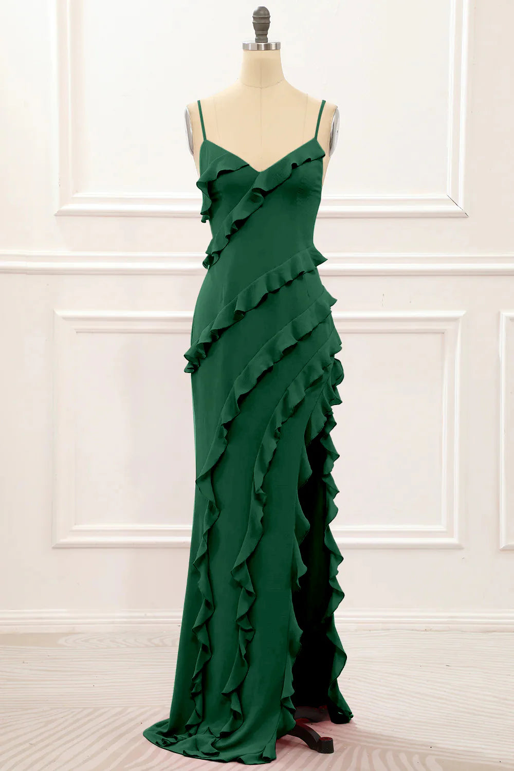 Spaghetti Straps Jade Tiered Mermaid Bridesmaid Dress With Slit