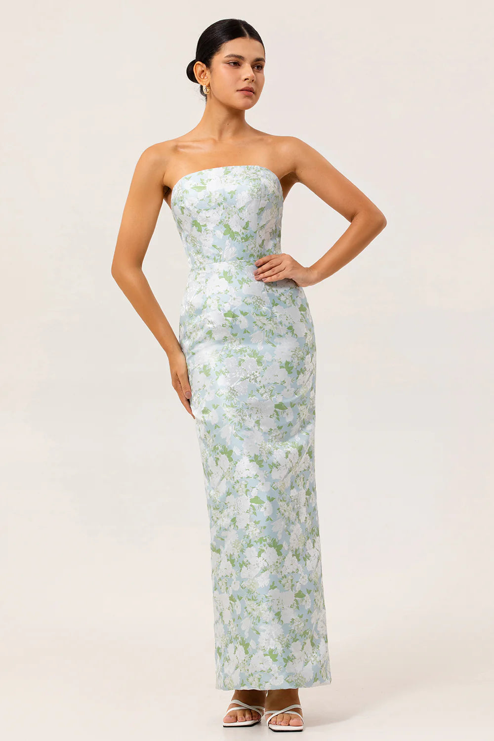 Blue Sheath Strapless White Floral Back Slit Satin Maxi Dress with Pockets