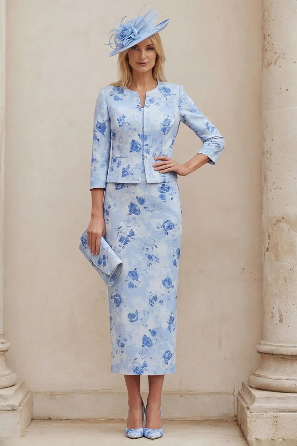 Light Blue 2 Piece Floral Mother of the Bride Dress with Jacket