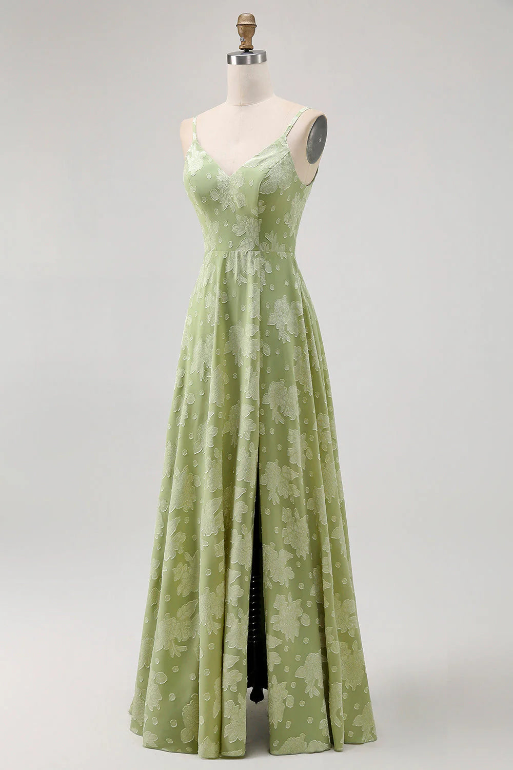 Sage Green Floral A Line Jacquard Spaghetti Strap Maxi Dress with Slit