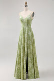 Sage Green Floral A Line Jacquard Spaghetti Strap Maxi Dress with Slit