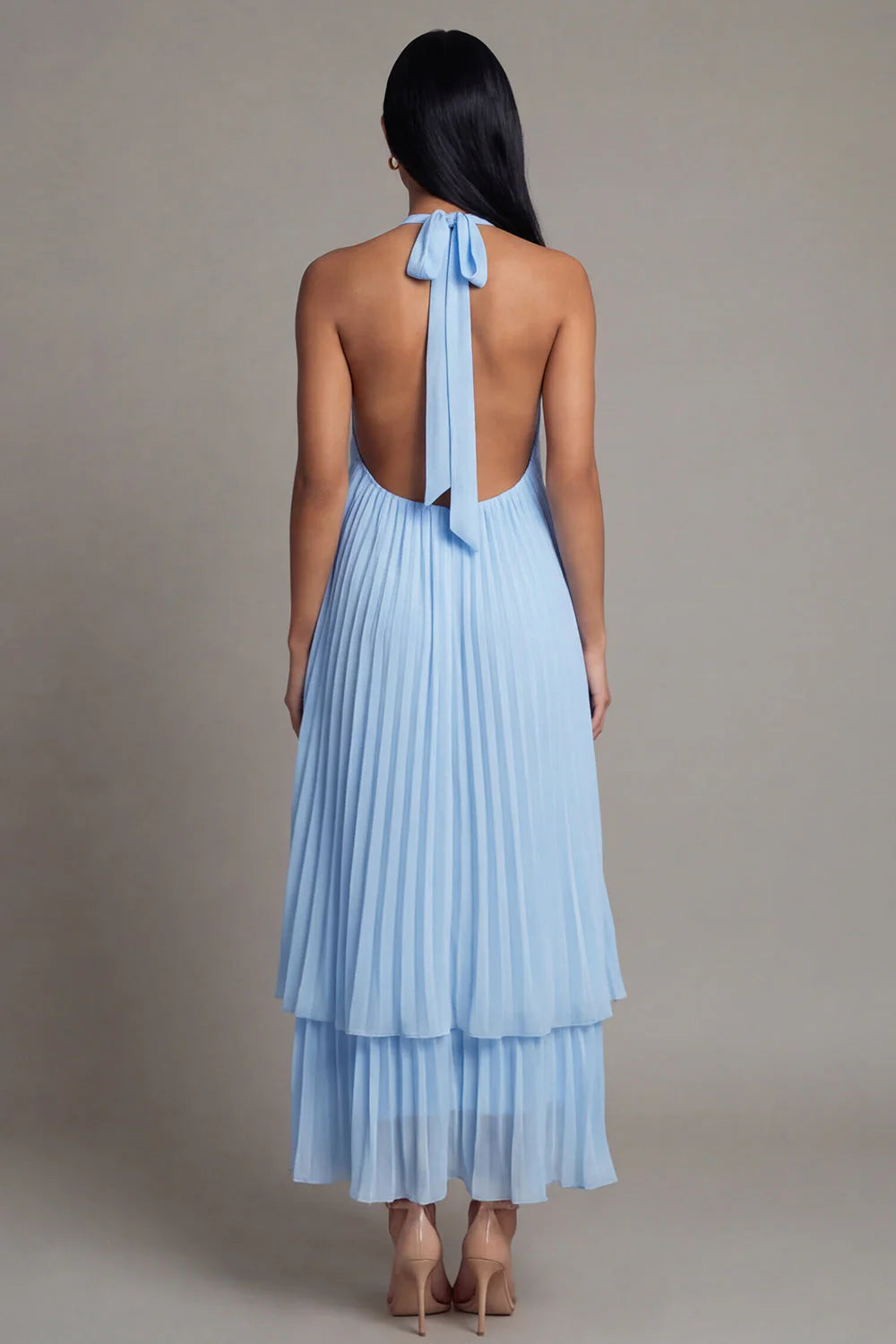 Halter Pleated A Line Sky Blue Wedding Guest Dress