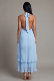 Halter Pleated A Line Sky Blue Wedding Guest Dress