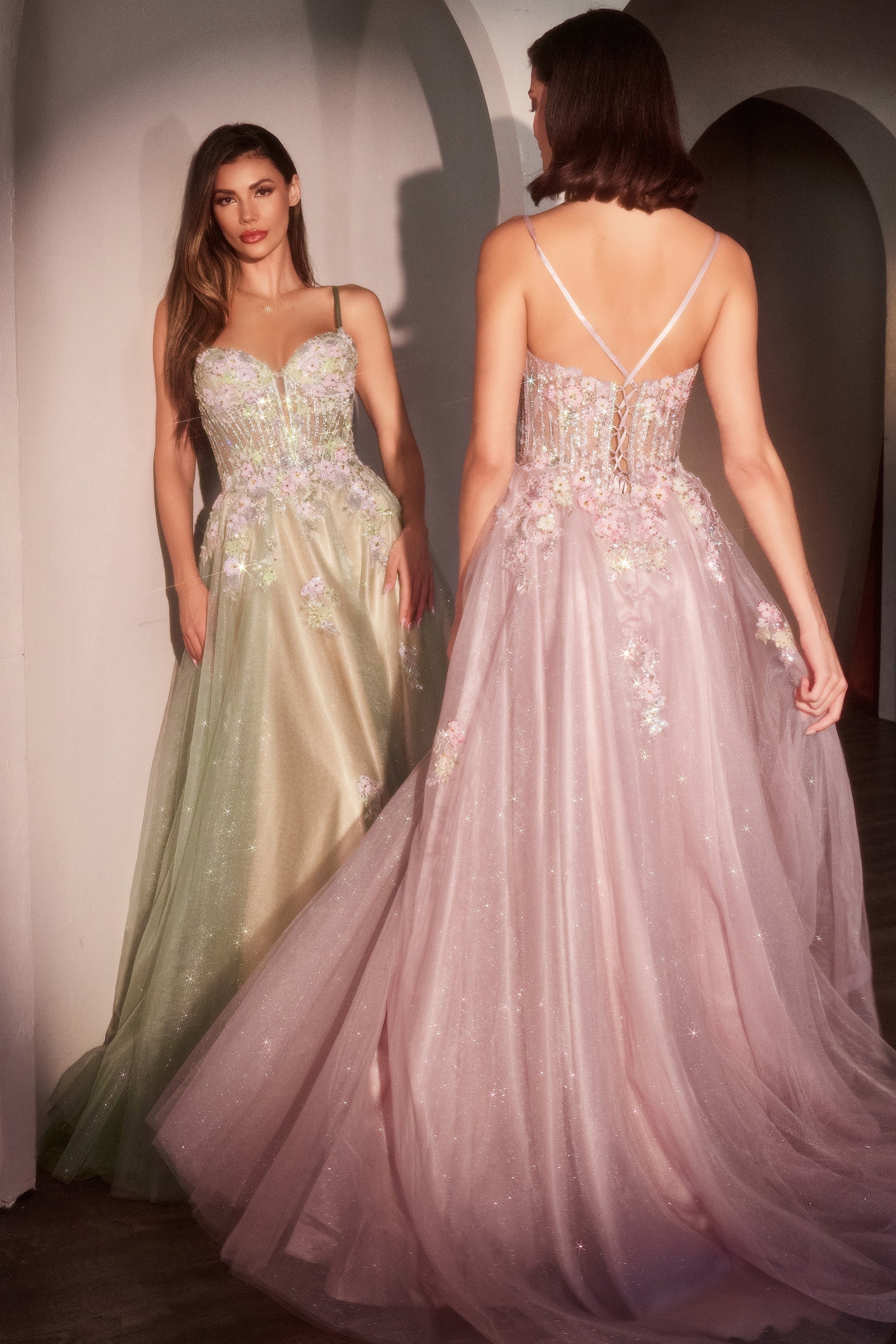 MEADOW GOWN FLORAL A LINE GLITTER TULLE DRESS