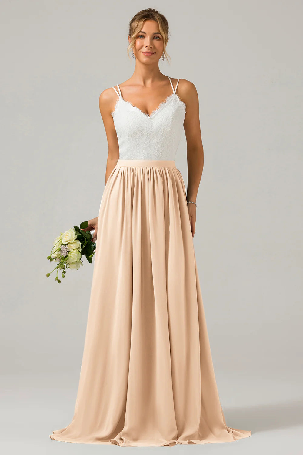 A Line Spaghetti Straps Pleated Long Bridesmaid Dress With Lace