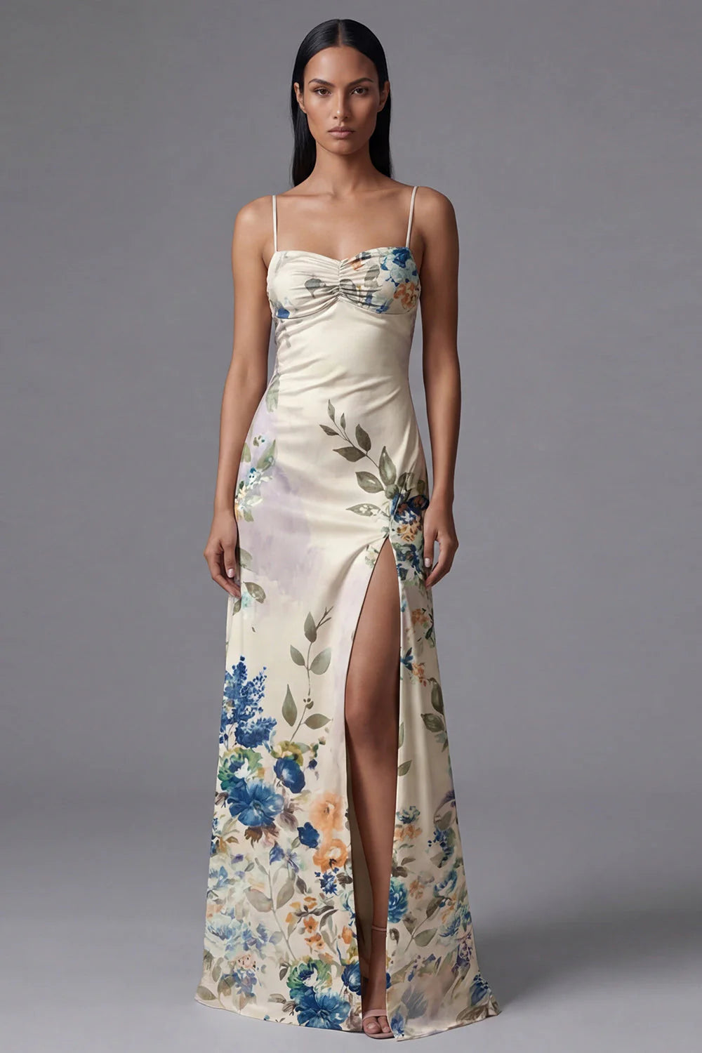 Floral Printed Ivory Ruched Long Formal Dress with Slit