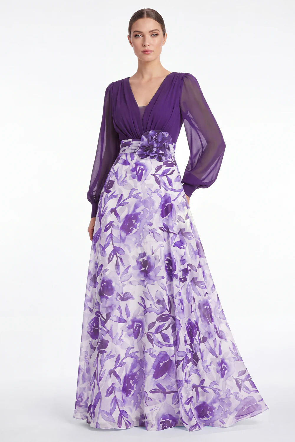A Line Blue Flower V Neck Mother of the Bride Dress with Long Sleeves