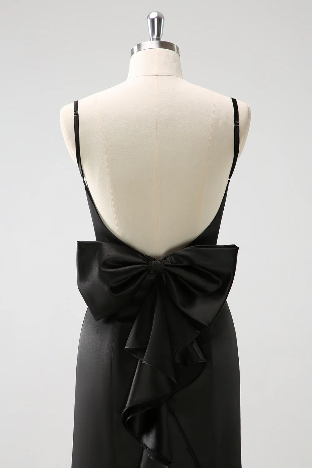 Black Mermaid Spaghetti Straps Long Ruffle Satin Bridesmaid Dress with Bow