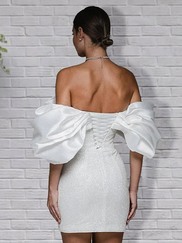 Sheath Glitter Short Off the Shoulder Wedding Dress With Lace Up Back