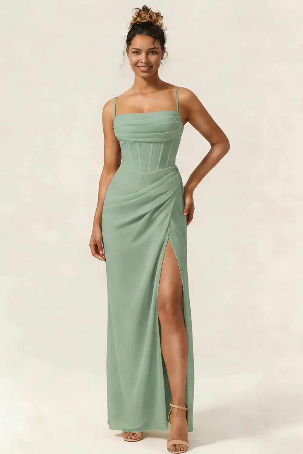 Green Flower Mermaid Corset Chiffon Long Bridesmaid Dress with Slit