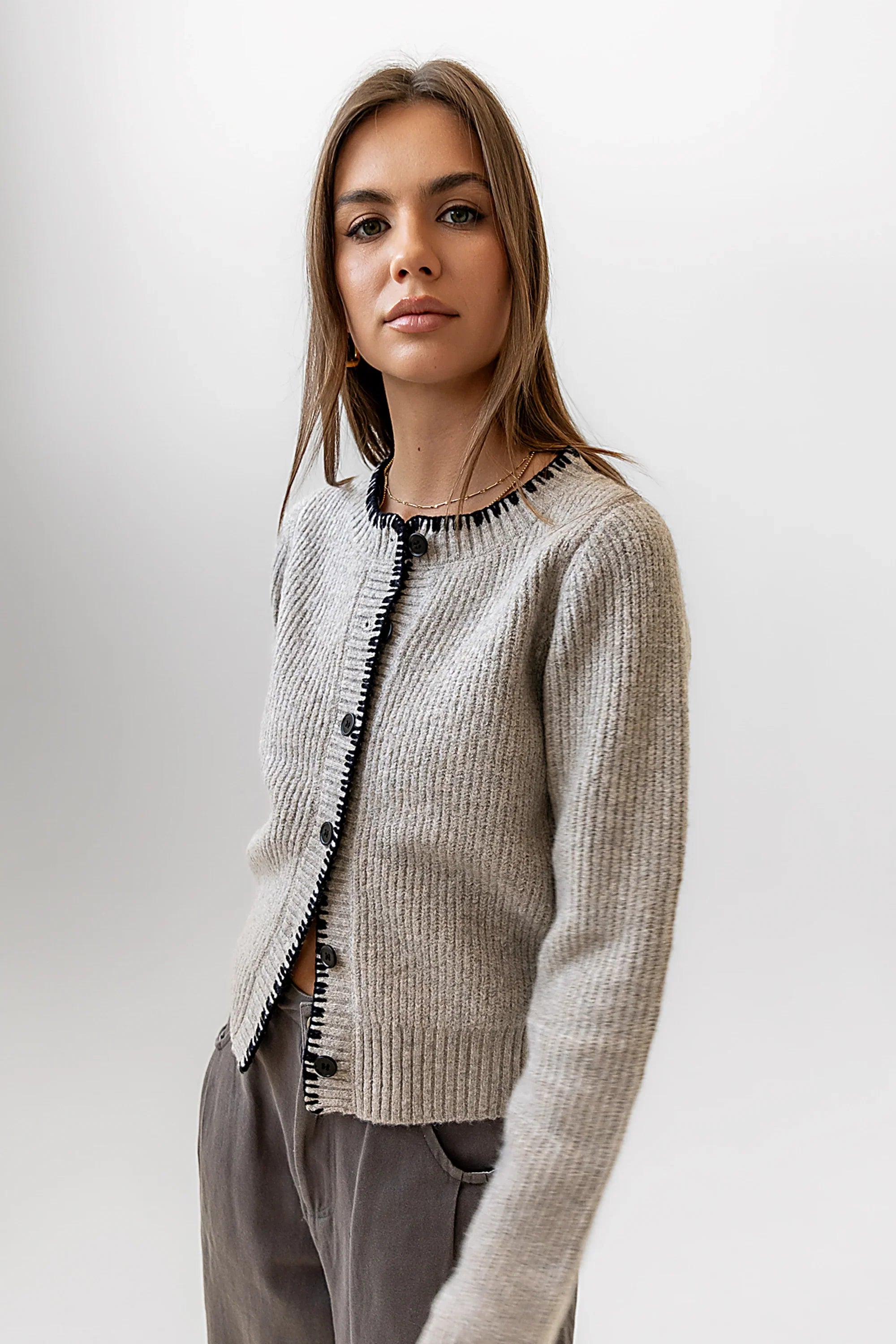 Darren Contrast Cardigan in Taupe