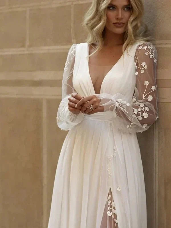 Long Sleeve Boho Flowy Wedding Dress Lace A Line V Neck Beach Gown with Split Front and Sweep Train