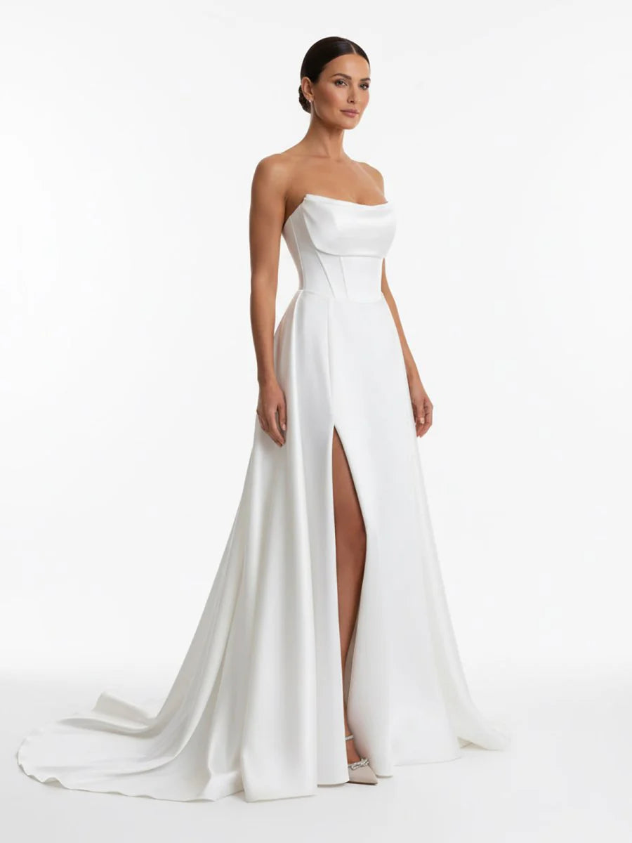 A Line Strapless White Satin Wedding Dresses with Slit