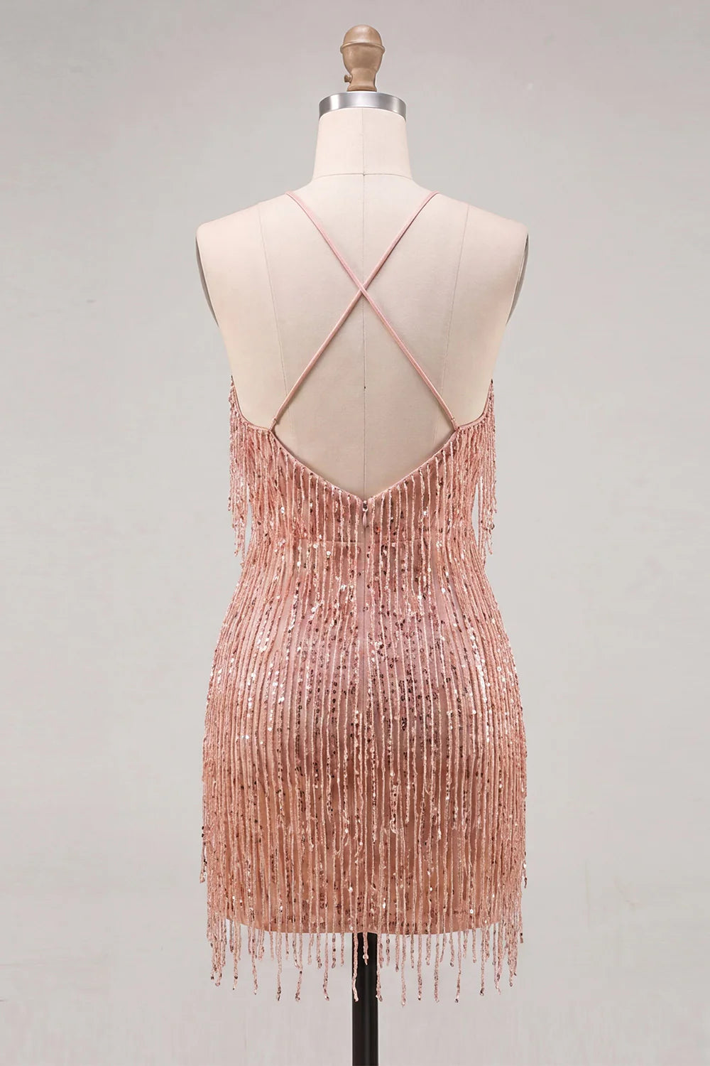 Gold Halter Bodyocn Sequin Short Homecoming Dress with Fringes