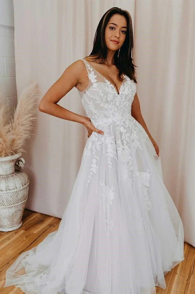 A Line V Back Long White Wedding Dress with Lace Appliqued