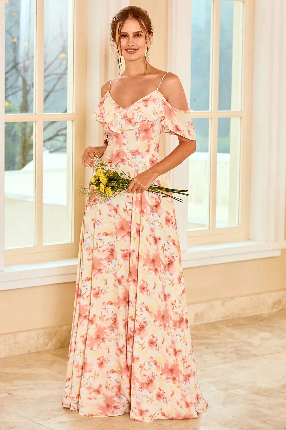 Blue Floral Print A Line Off the Shoulder Long Bridesmaid Dress