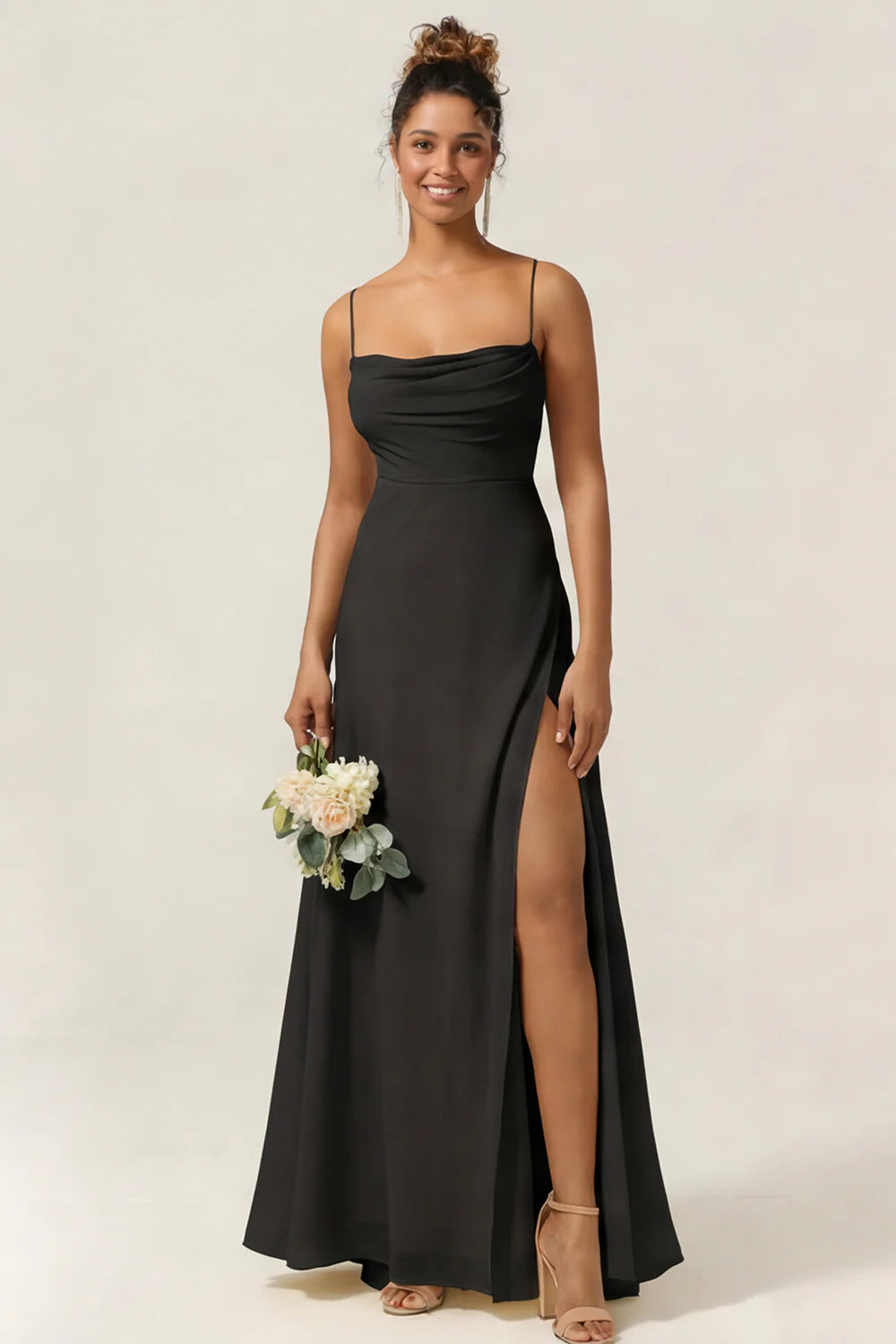 Blue Flower A Line Spaghetti Straps Chiffon Long Bridesmaid Dress with Slit