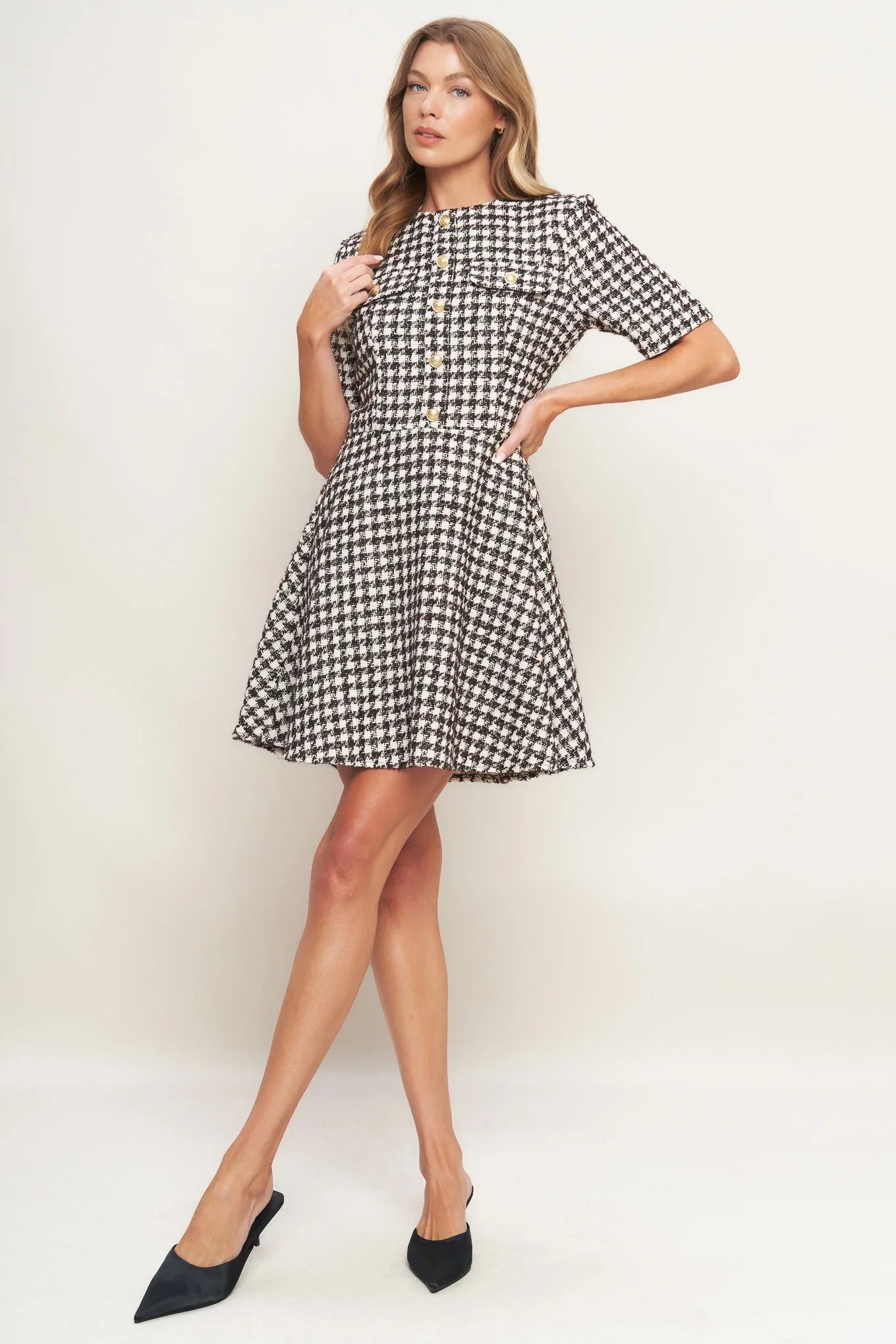 ELEGANT CHECK BROWN TWEED MINI DRESS