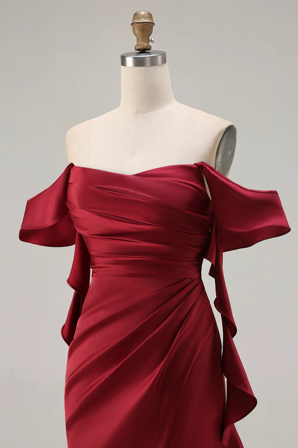 Burgundy Off The Shoulder Mermaid Ruffled Lace Up Back Long Bridesmaid Dress with Slit