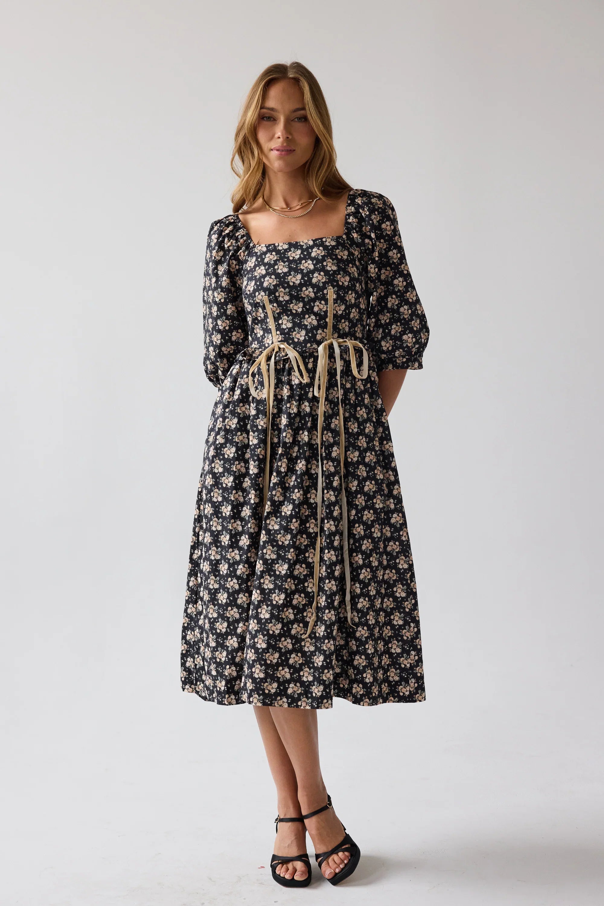 Gloria Floral Midi Dress in Black FINAL SALE