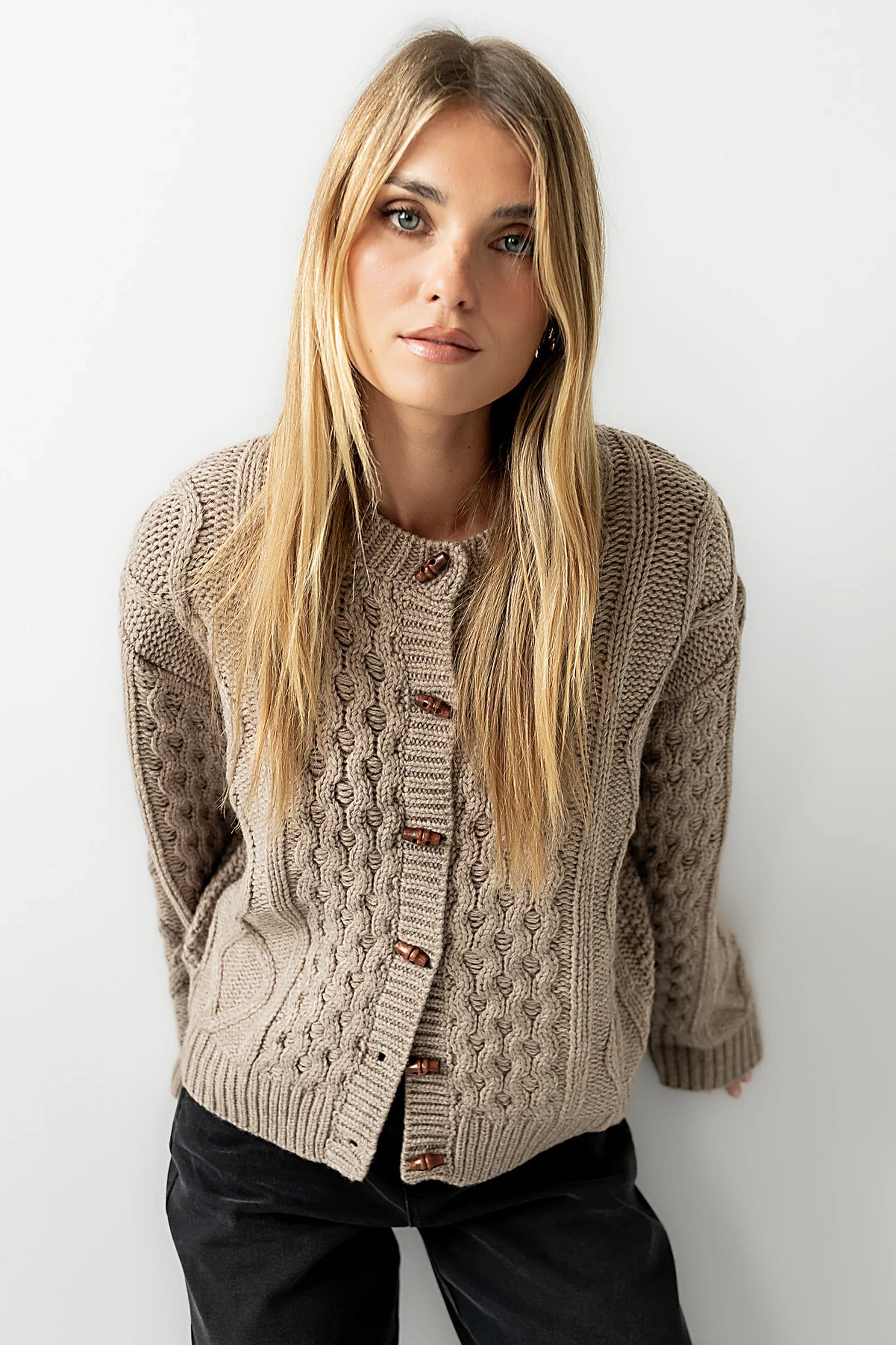 Noah Cable Knit Cardigan in Taupe FINAL SALE