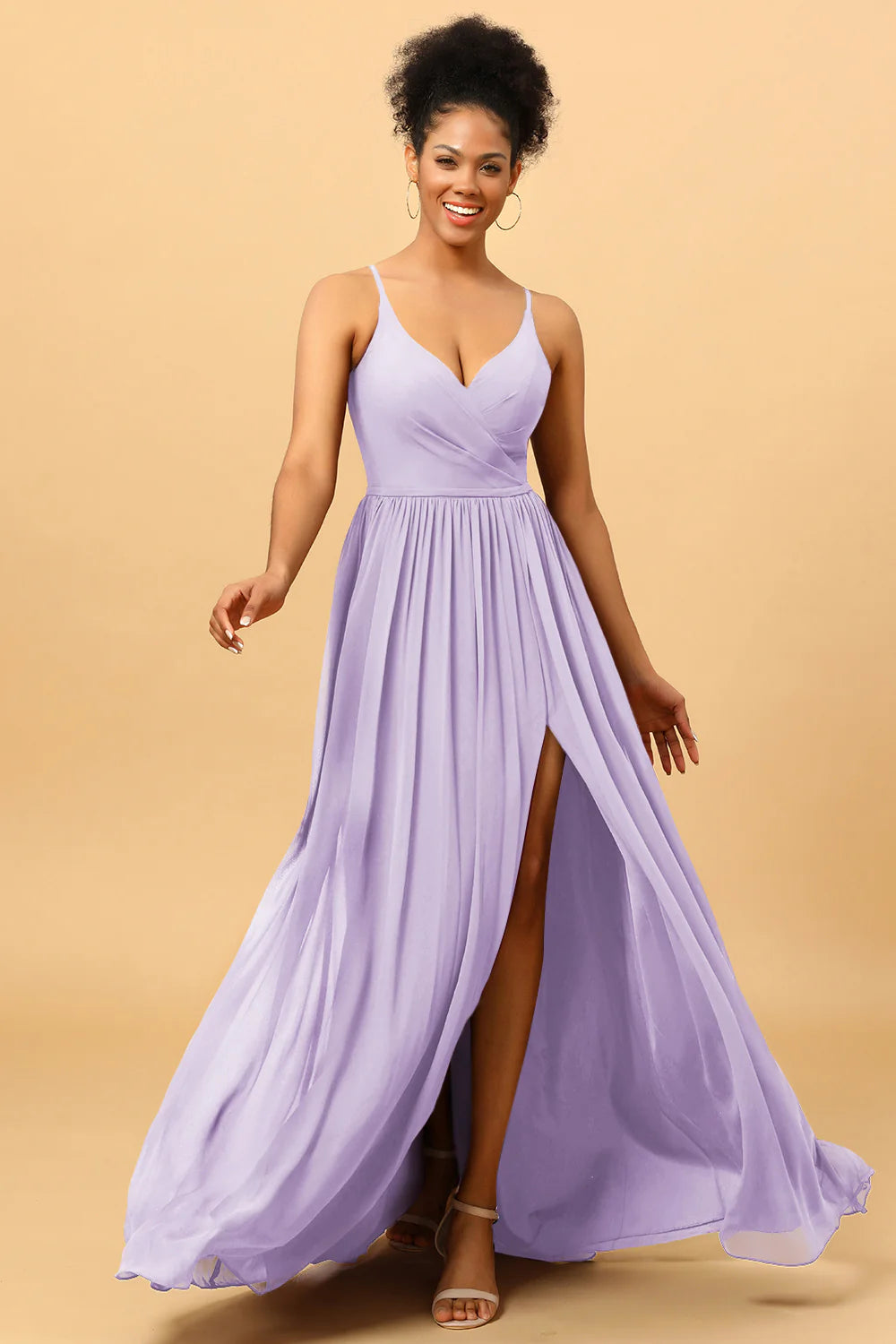 A Line Spaghetti Straps Ruched Long Chiffon Bridesmaid Dress with Slit