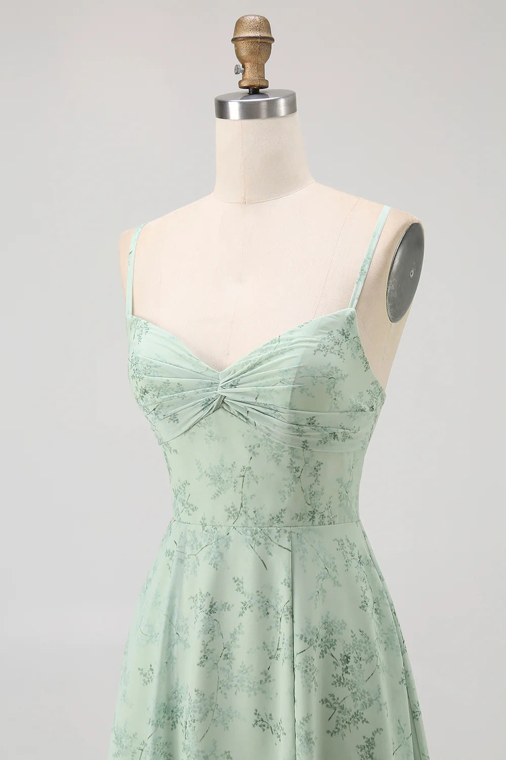 Dusty Sage A Line Spaghetti Straps Backless Print Floral Bridesmaid Dress