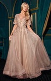 CLAUDIA GOWN SHORT SLEEVE A LINE GLITTER TULLE DRESS