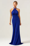 Glitter Royal Blue Mermaid Halter Corset Backless Long Formal Dress