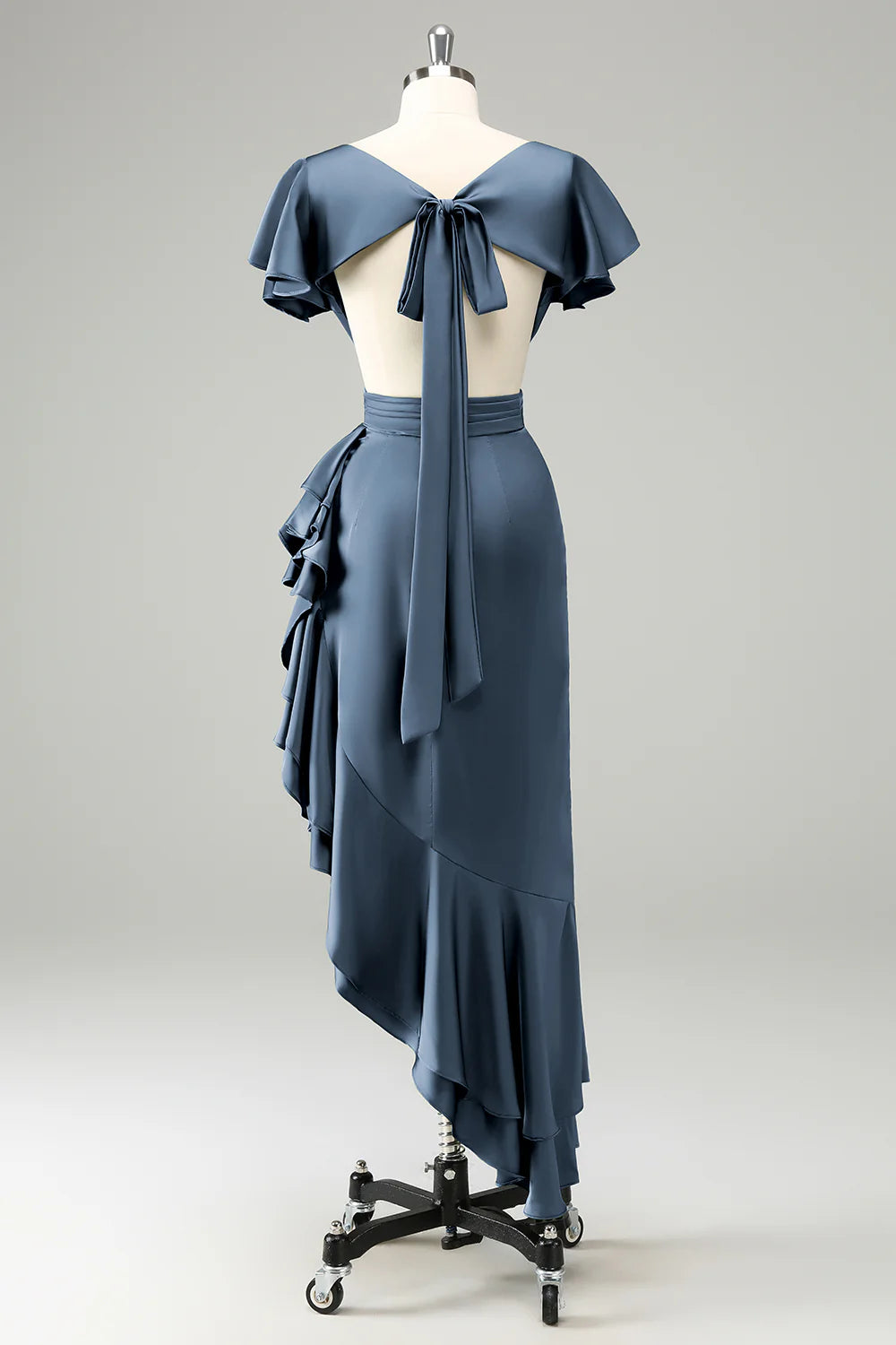 Elegant Dusty Sage A Line V Neck Short Sleeves Asymmetrical Bridesmaid Dress with Ruffles