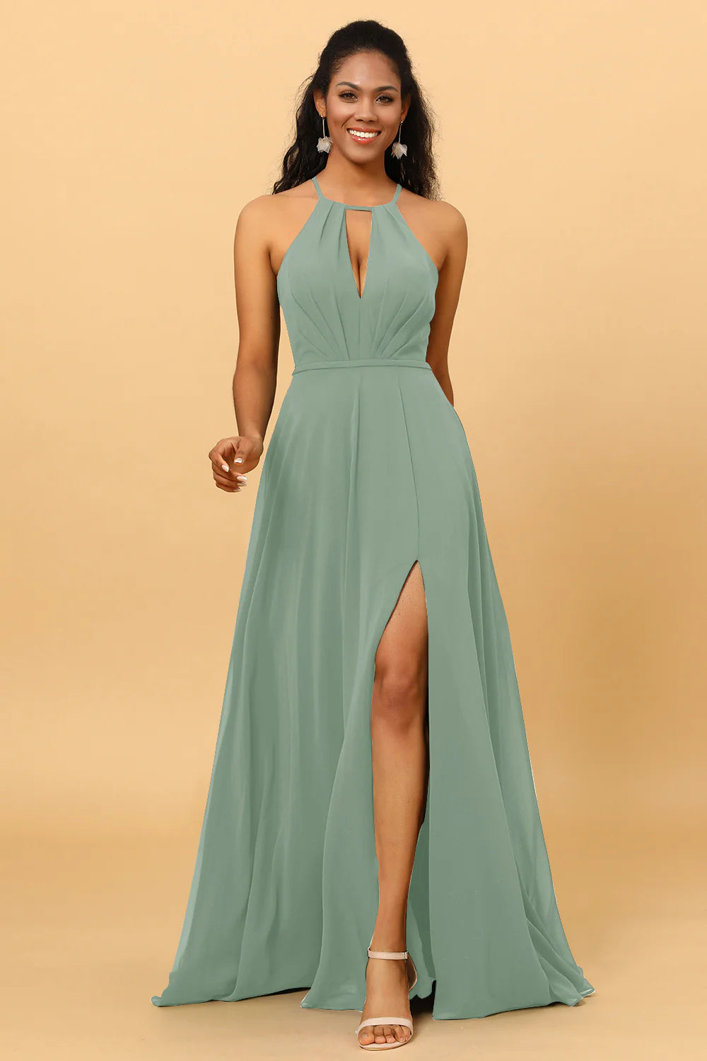 A Line Halter Open Back Long Chiffon Bridesmaid Dress With Slit