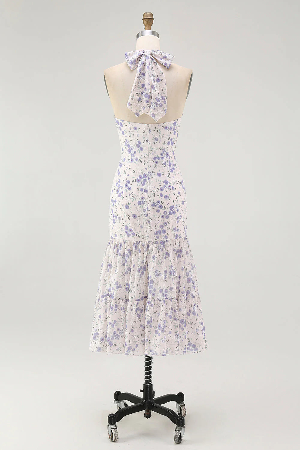 Blue Floral Halter Neck A Line Tiered Chiffon Midi Dress