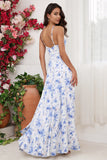 Blue Floral Print Sheath Column Spaghetti Straps Long Bridesmaid Dress With Slit