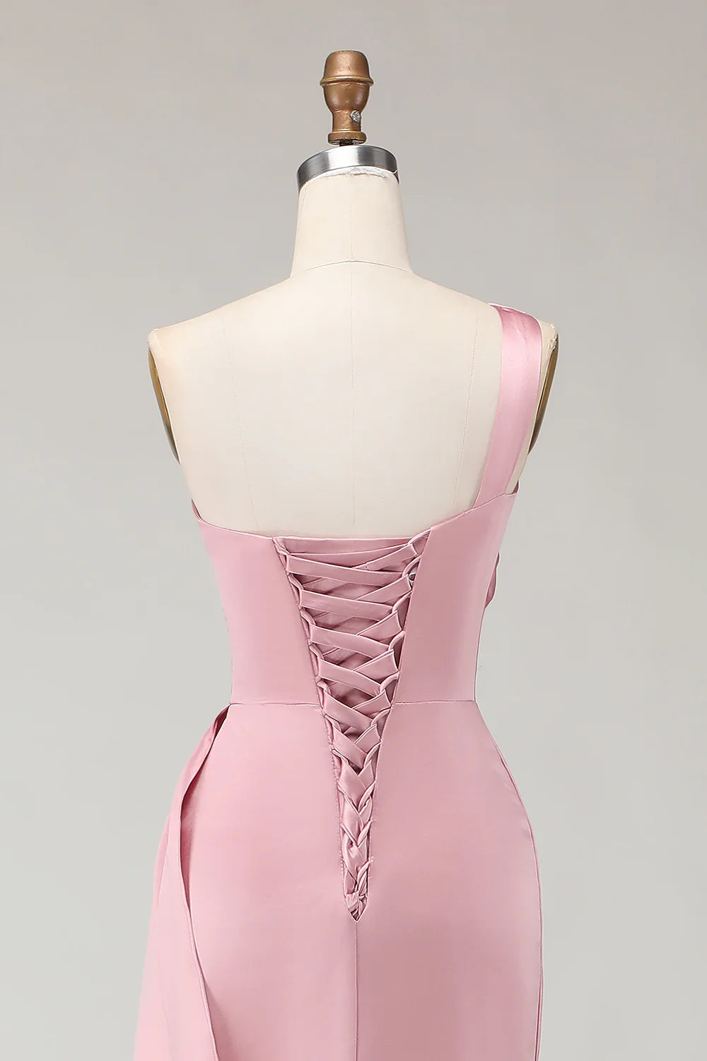 Blush Pink One Shoulder Satin Mermaid Ruched Long Bridesmaid Dress with Sash
