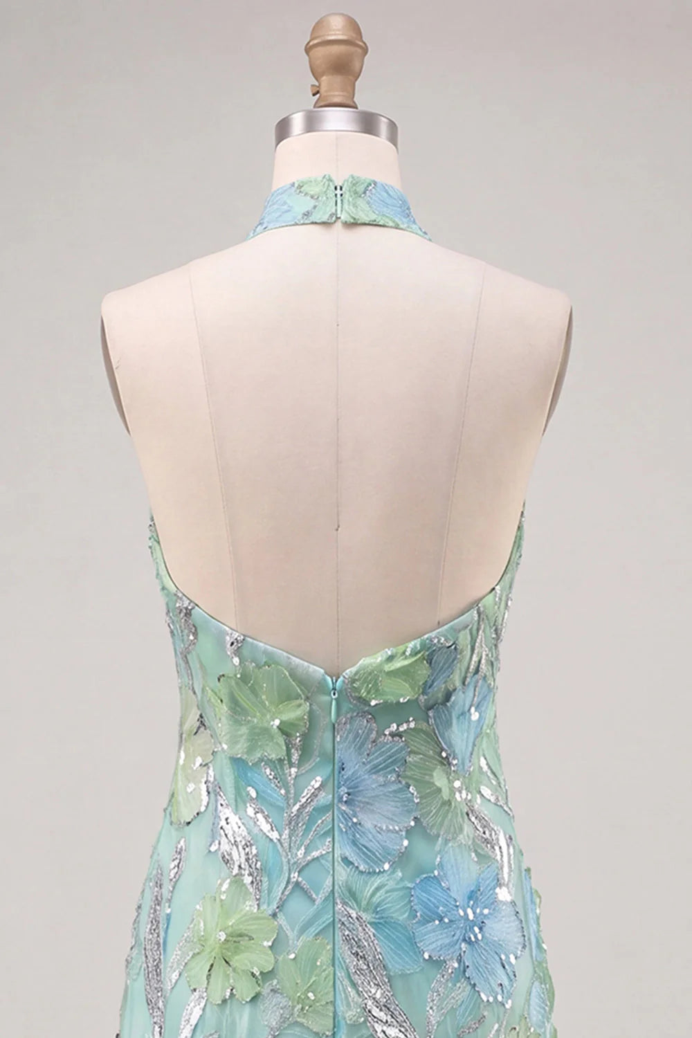 Mint Green Halter Floral Sequin Bodycon Short Homecoming Dress