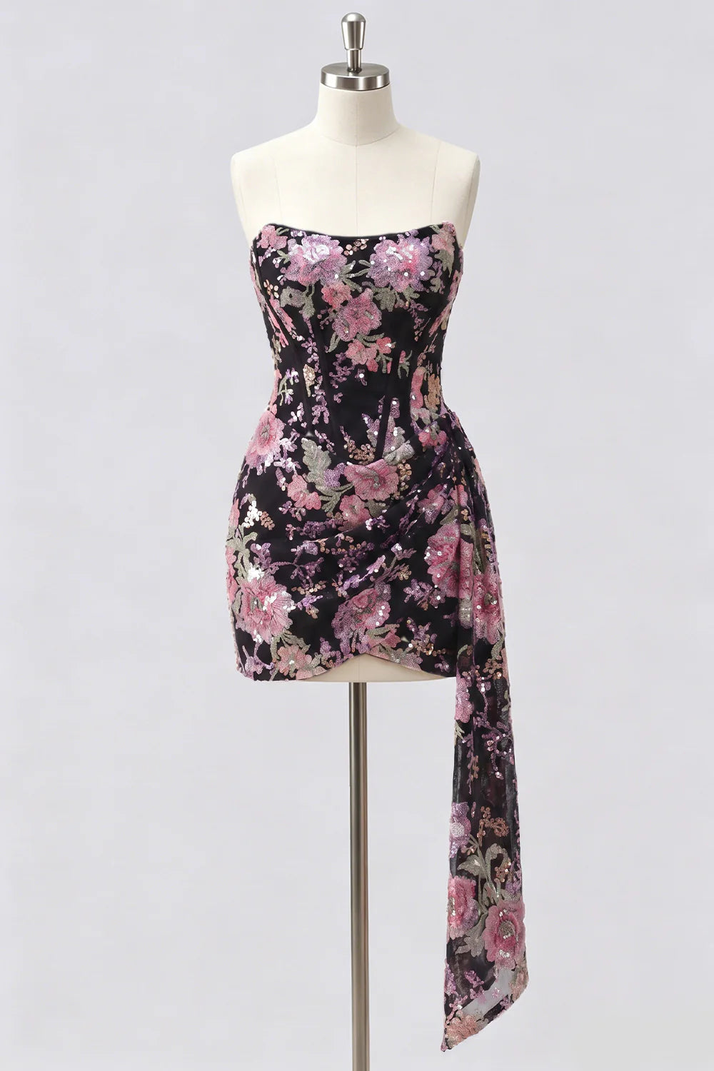 Strapless Pink Bodycon Corset Floral Sequin Homecoming Dress with Sash